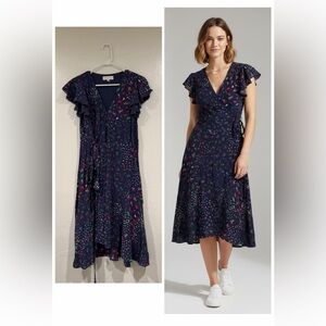 Anthropologie Caballero Navy Purple Floral Wrap Dress size S